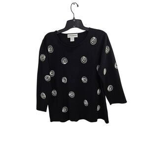 Geometric Swirl Embroidery Black Sweater 3/4 sleeves Size Large